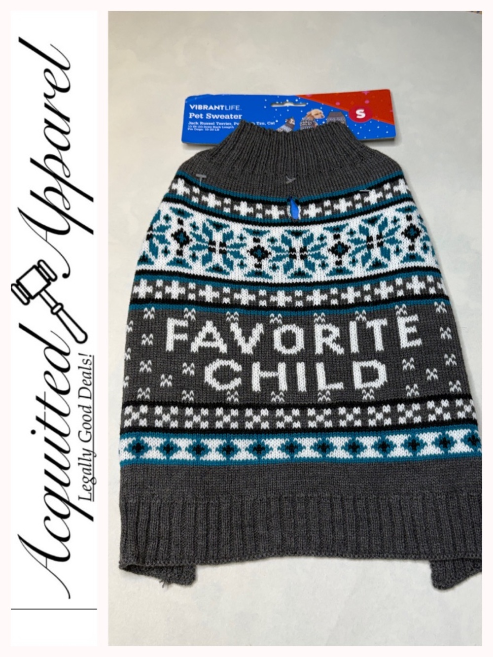 Vibrant Life "Favorite Child" Pet Sweater - Gray & Teal Small NWT
